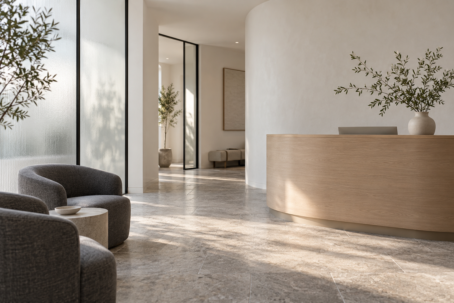 A quiet, sunlit practice reception with oak and slate finishes